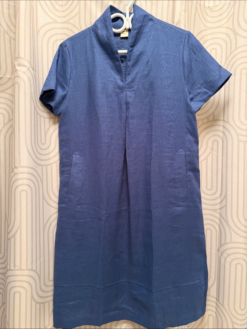 Lintico sz M face framing collar 100% linen blue midi dress w pockets quiet luxe